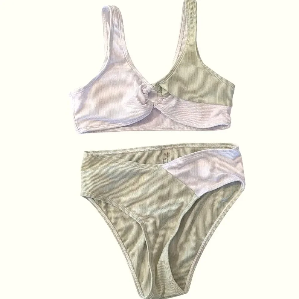 Girls Ribbed Bikini Set 12-13Y Sage Green & Ivory Color Block Ring Detail